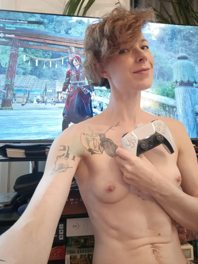 Gaming with my gorgeous perfect nips out – wanna ride me or distract me from this game?
